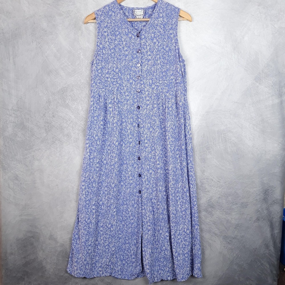 Vintage April Cornell Dress Womens Medium Floral Rayon Button Front Maxi Cottage